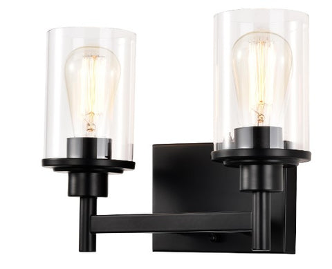 Twin Vanity Light, Matte Black w/ Cylindrical Glass