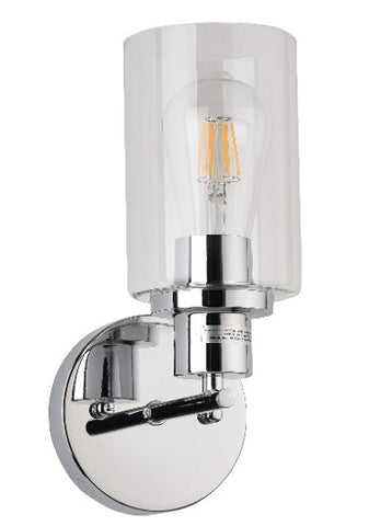 Single Sconce Light, Polished Chrome w/ Cylindrical Glass