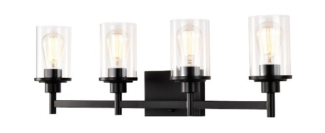 Quad Vanity Light, Matte Black w/ Cylindrical Glass