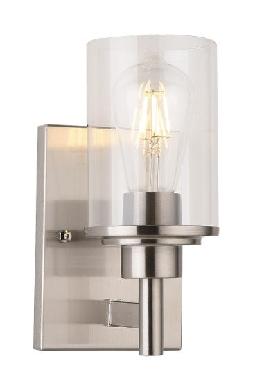 Single Sconce Light, Brushed Nickel w/ Cylindrical Glass